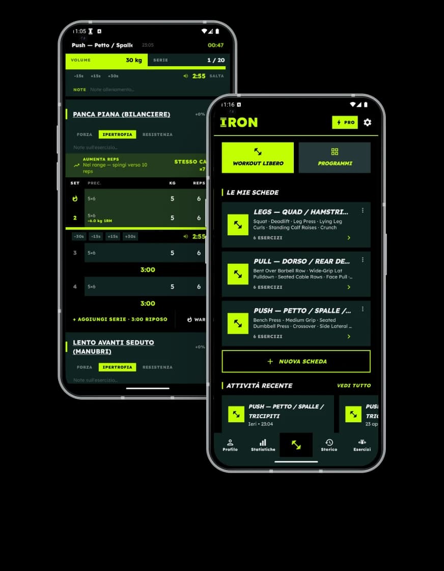 App allenamento palestra IRON con scheda palestra, diario allenamento e Overload Advisor su Android