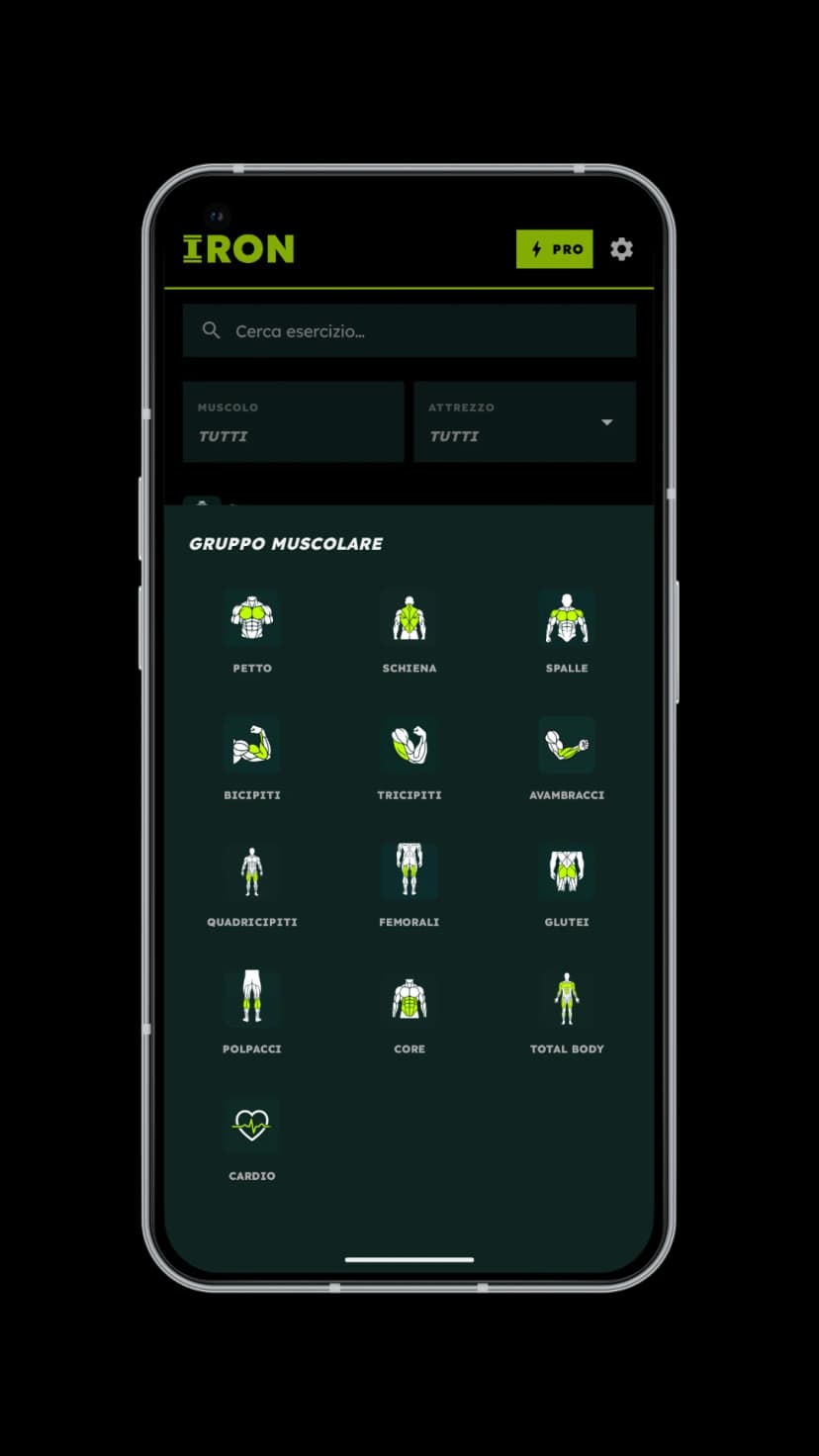 IRON: libreria esercizi palestra organizzati per gruppo muscolare su Android