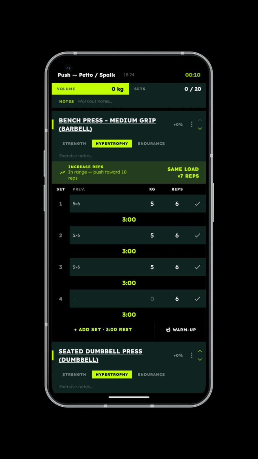 IRON Overload Advisor: science-based progressive overload suggestions per goal (strength, hypertrophy, metabolic) on Android