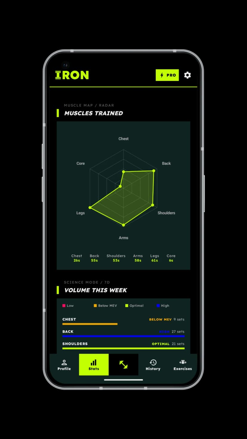 IRON: workout statistics with volume, 1RM and personal records