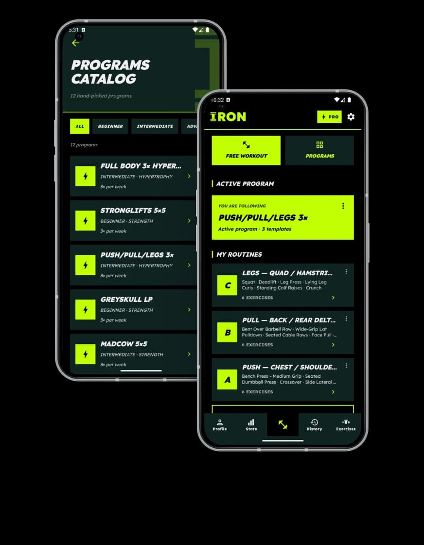 IRON gym workout tracker app with workout plan, training log and Overload Advisor on Android
