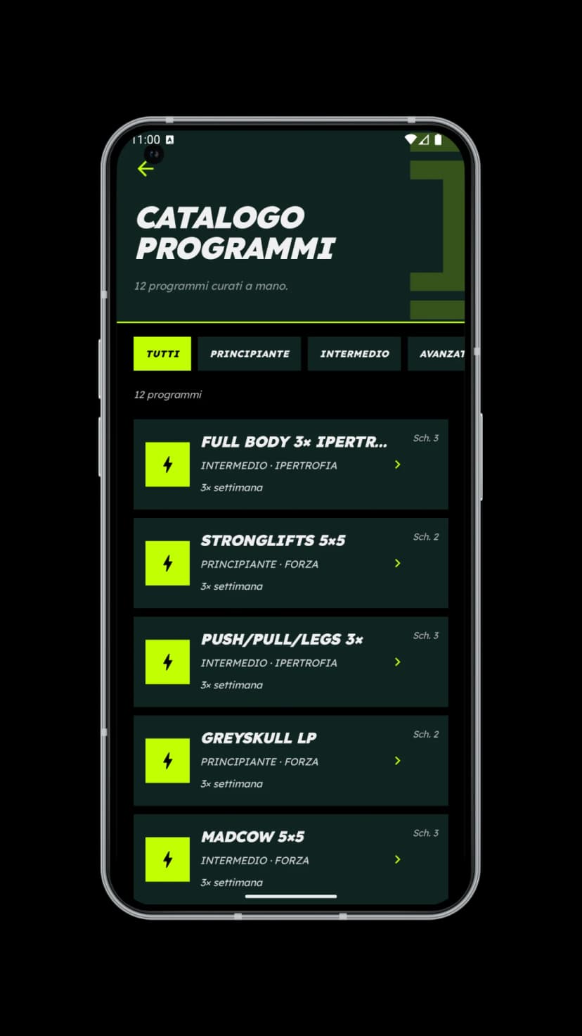 Catalogo programmi IRON con schede palestra pronte e Volume Tracker MEV/MRV su Android