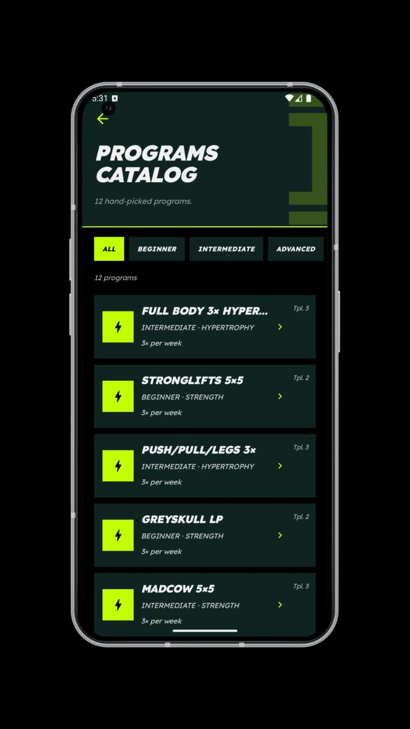 IRON program catalog with ready-made workout plans and Volume Tracker MEV/MRV on Android